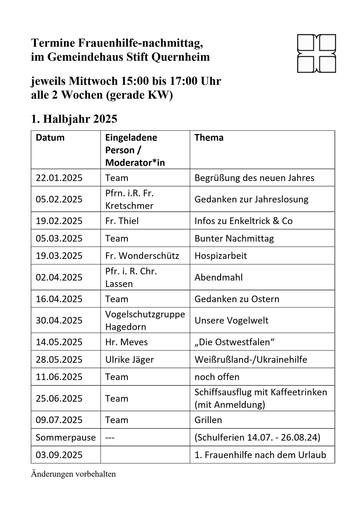 Terminplan Frauenhilfe 1.Halbjahr 2025