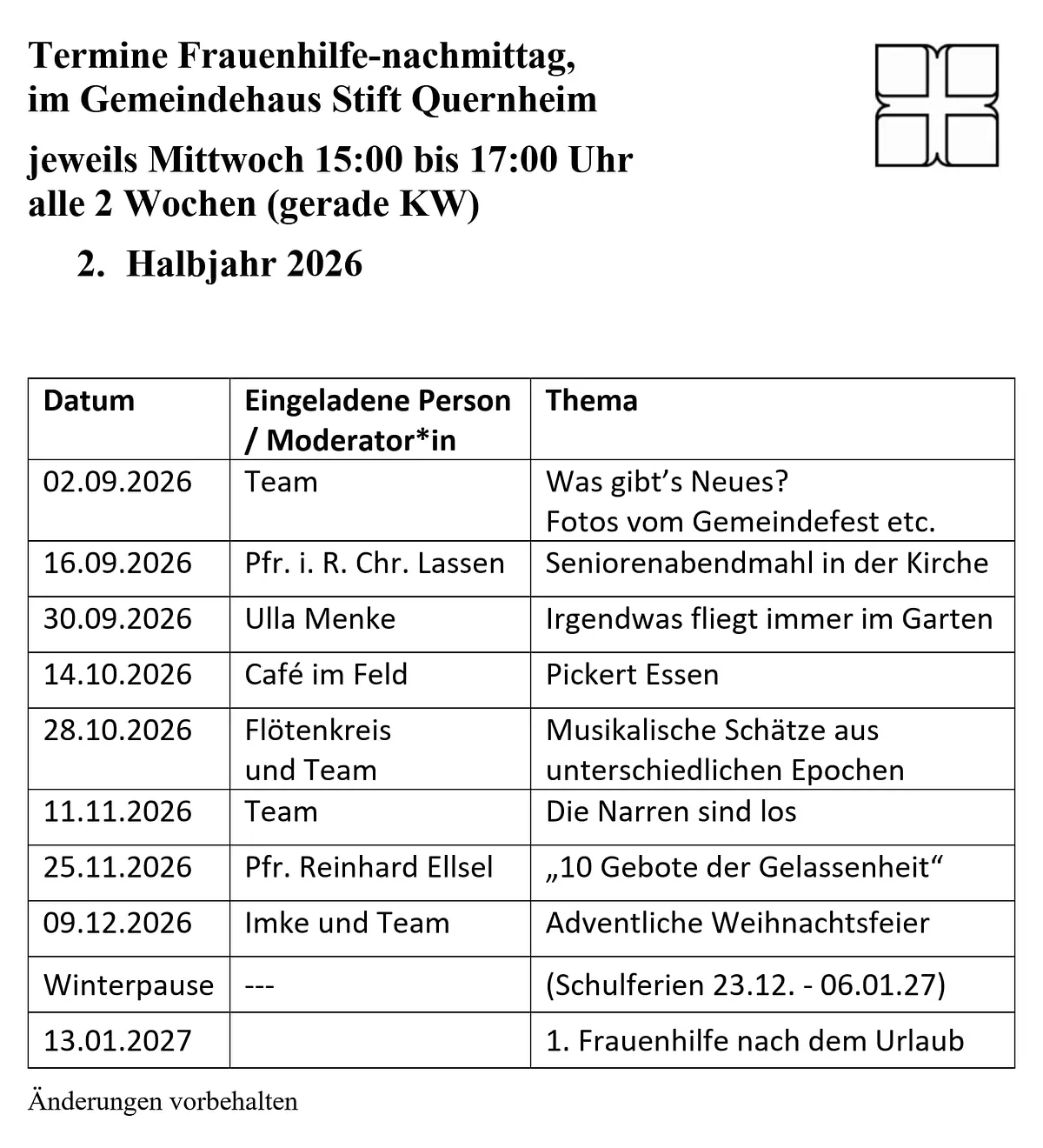 Frauenhilfe Termine 1.Halbjahr 2026