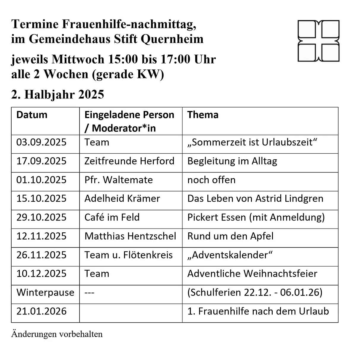 Terminplan Frauenhilfe 2.Halbjahr 2025