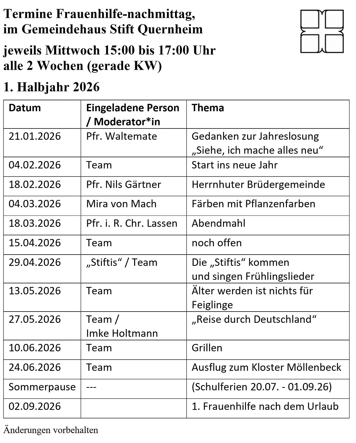 Frauenhilfe Termine 1.Halbjahr 2026