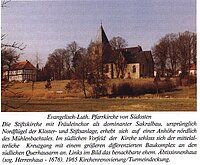 altes Bild von Kirche und Herrenhaus mit ergänzender Beschreibung